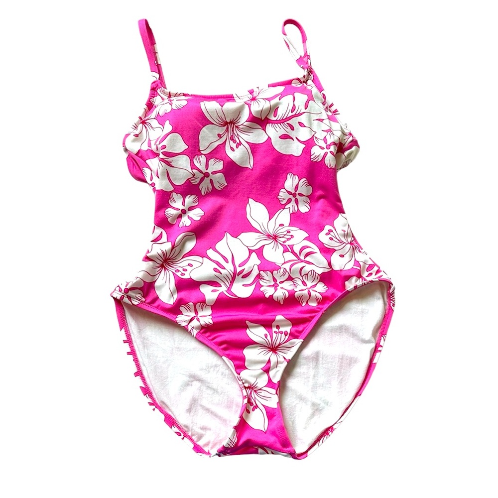 Sun blush pink white floral one piece swimsuit, women 10